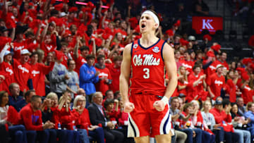 Feb 4, 2025; Oxford, Mississippi, USA; Mississippi Rebels guard Sean Pedulla (3) reacts during the first half against the Kentucky Wildcats at The Sandy and John Black Pavilion at Ole Miss. Mandatory Credit: Petre Thomas-Imagn Images