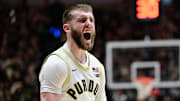 Purdue Boilermakers guard Braden Smith (3) reacts to making  a three-pointer