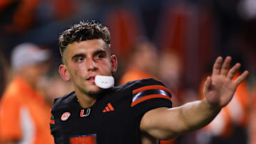 Oct 26, 2024; Miami Gardens, Florida, USA; Miami Hurricanes wide receiver Xavier Restrepo (7) reacts after the game against the Florida State Seminoles at Hard Rock Stadium. Mandatory Credit: Sam Navarro-Imagn Images