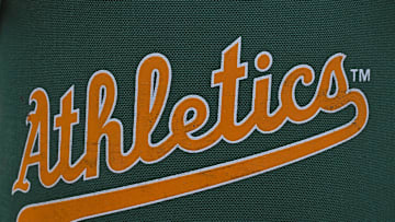Jun 14, 2025; Kansas City, Missouri, USA;  A general view of the Athletics logo on a bag, before a game against the Kansas City Royals at Kauffman Stadium. Mandatory Credit: Peter Aiken-Imagn Images