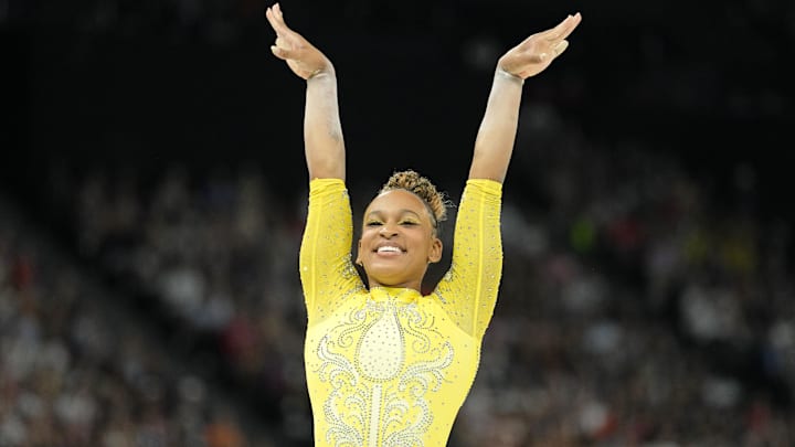 Rebeca Andrade of Brazil competes on the beam in the Paris 2024 Olympic Summer Games.