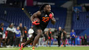 Mar 1, 2025; Indianapolis, IN, USA; Rutgers running back Kyle Monangai (RB23) during the 2025 NFL Combine at Lucas Oil Stadium. Mandatory Credit: Kirby Lee-Imagn Images
