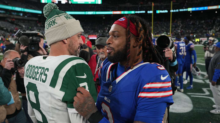 Rodgers and Hamlin met on the field after the Bills beat the Jets 23-20. Rodgers and Hamlin met on the field after the Bills beat the Jets 23-20.