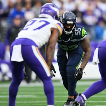Dec 22, 2024; Seattle, Washington, USA; Seattle Seahawks defensive end Dre'Mont Jones (55) lines up on defense during the second half against the Minnesota Vikings at Lumen Field. Mandatory Credit: Steven Bisig-Imagn Images