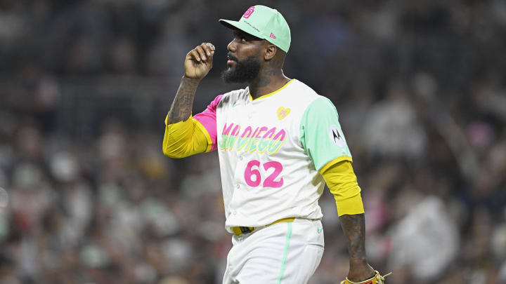 July 5, 2024; San Diego, California, USA;San Diego Padres relief pitcher Enyel De Los Santos (62) looks skyward after pitching during the eighth inning against the Arizona Diamondbacks at Petco Park. Mandatory Credit: Denis Poroy-USA TODAY Sports