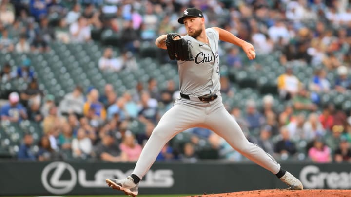 Jun 13, 2024; Seattle, Washington, USA; Chicago White Sox starting pitcher Garrett Crochet (45) pitches to the Seattle Mariners during the second inning at T-Mobile Park. Mandatory Credit: Steven Bisig-USA TODAY Sports