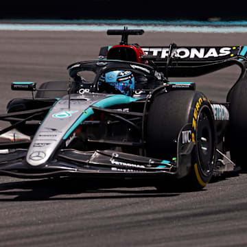 May 4, 2024; Miami Gardens, Florida, USA; Mercedes driver George Russell (63) during the F1 Sprint Race at Miami International Autodrome. Mandatory Credit: Peter Casey-Imagn Images