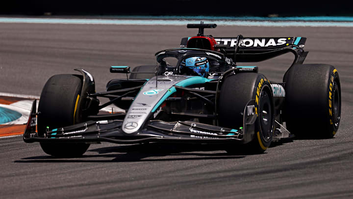 May 4, 2024; Miami Gardens, Florida, USA; Mercedes driver George Russell (63) during the F1 Sprint Race at Miami International Autodrome. Mandatory Credit: Peter Casey-Imagn Images