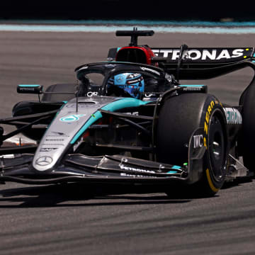 May 4, 2024; Miami Gardens, Florida, USA; Mercedes driver George Russell (63) during the F1 Sprint Race at Miami International Autodrome. Mandatory Credit: Peter Casey-USA TODAY Sports