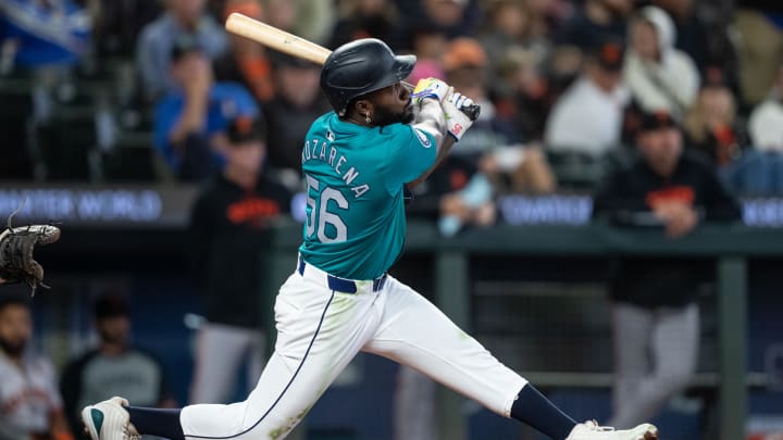 Seattle Mariners left fielder Randy Arozarena hits a double against the San Francisco Giants on Saturday at T-Mobile Park.