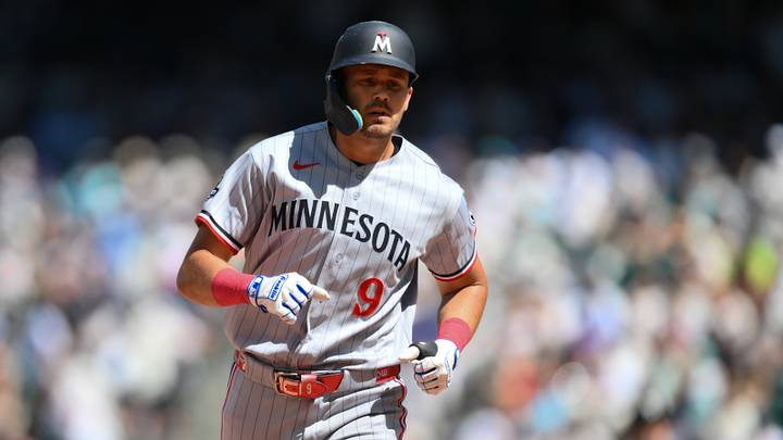 Aug 1, 2026; Seattle, Washington, USA; Minnesota Twins left fielder Trevor Larnach (9) runs the bases after hitting a home run against the Seattle Mariners during the sixth inning at T-Mobile Park. Mandatory Credit: Steven Bisig-Imagn Images