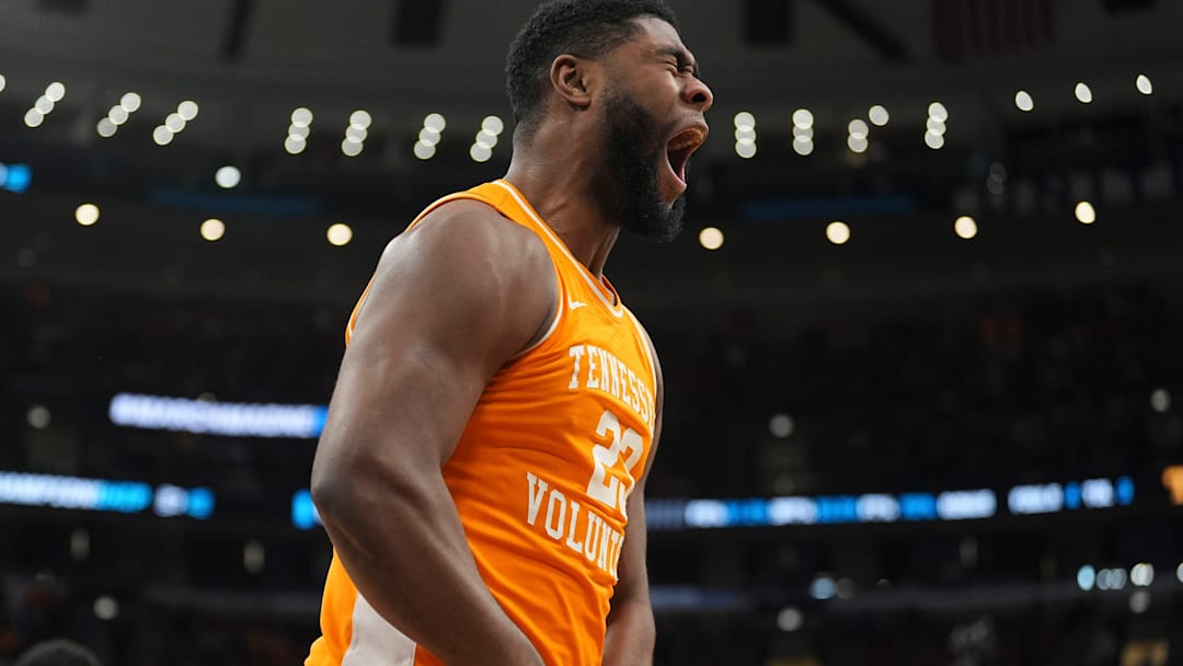Tennessee forward Jaylen Carey (23) erupts in celebration after scoring against Iowa State in the NCAA Tournament Sweet 16 at the United Center in Chicago on March 27, 2026. Tennessee forward Jaylen Carey (23) erupts in celebration after scoring against Iowa State in the NCAA Tournament Sweet 16 at the United Center in Chicago on March 27, 2026.
