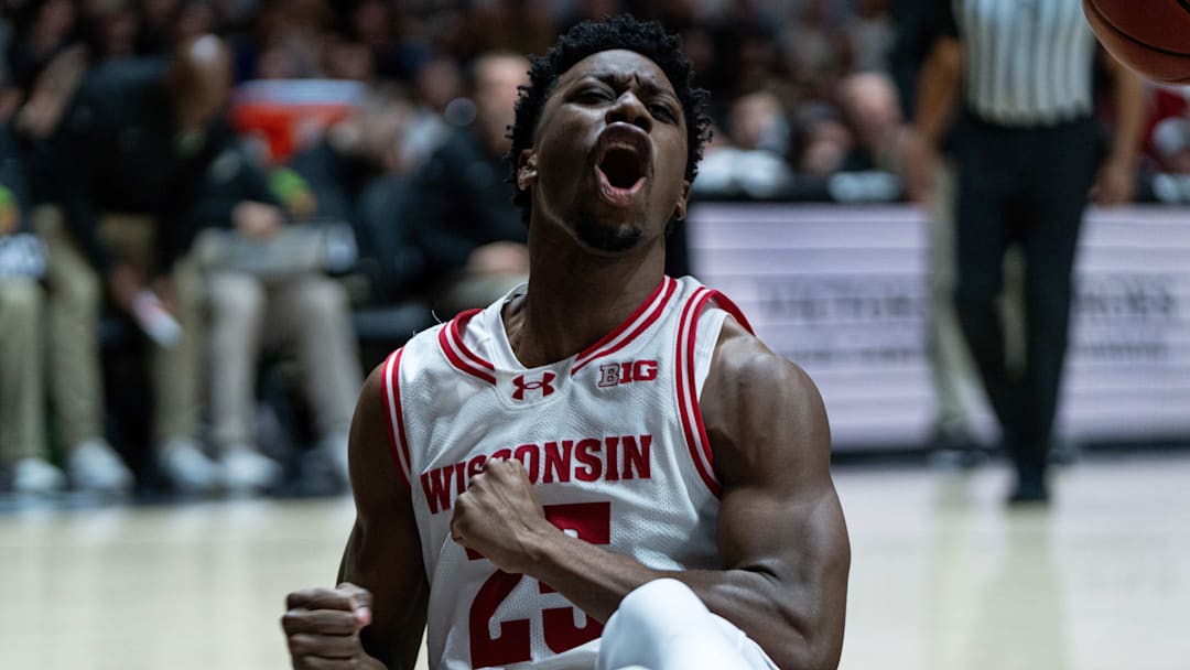 Mar 7, 2026; West Lafayette, Indiana, USA; Wisconsin Badgers guard John Blackwell (25) celebrates making a basket during the first half against the Purdue Boilermakers at Mackey Arena. Mandatory Credit: Jacob Musselman-Imagn Images