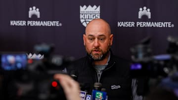 Sep 30, 2024; Sacramento, CA, USA; Sacramento Kings general manager Monte McNair during media day at Golden 1 Center. Mandatory Credit: Sergio Estrada-Imagn Images
