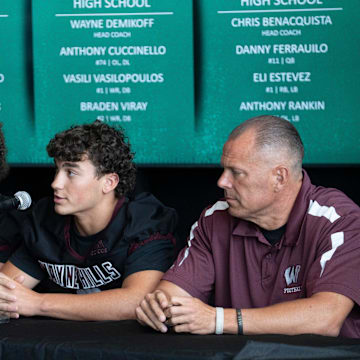 From left, Wayne Hills’ Braden Viray, Vasili Vasilopoulos, Anthony Cuccinello, and head coach Wayne Demikoff sit down for a panel during Super Football Conference Media Day at MetLife Stadium on Tuesday, Aug. 19, 2025.