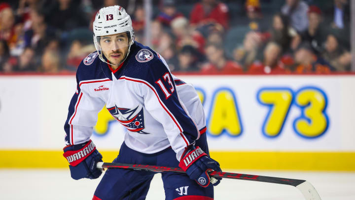 Jan 25, 2024; Calgary, Alberta, CAN; Columbus Blue Jackets left wing Johnny Gaudreau (13) against the Calgary Flames during the second period at Scotiabank Saddledome. Mandatory Credit: Sergei Belski-USA TODAY Sports