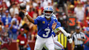 Sep 7, 2025; Landover, Maryland, USA; New York Giants quarterback Russell Wilson (3) makes a pass during the first quarter against the Washington Commanders at Northwest Stadium. Mandatory Credit: Peter Casey-Imagn Images