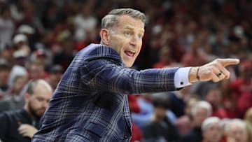 Feb 8, 2025; Fayetteville, Arkansas, USA; Alabama Crimson Tide head coach Nate Oats during the first half against the Arkansas Razorbacks at Bud Walton Arena. Mandatory Credit: Nelson Chenault-Imagn Images