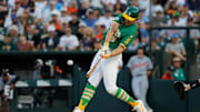 Athletics first baseman Nick Kurtz hits a single during the first inning against the Detroit Tigers at Sutter Health Park.