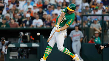 Athletics first baseman Nick Kurtz hits a single during the first inning against the Detroit Tigers at Sutter Health Park.