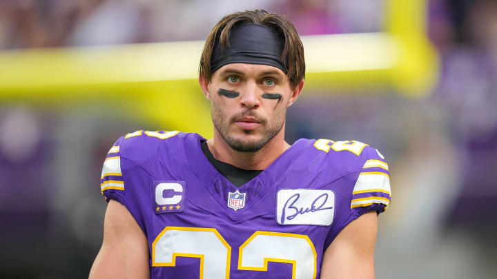 Sep 10, 2023; Minneapolis, Minnesota, USA; Minnesota Vikings safety Harrison Smith (22) warms up before the game against the Tampa Bay Buccaneers at U.S. Bank Stadium.