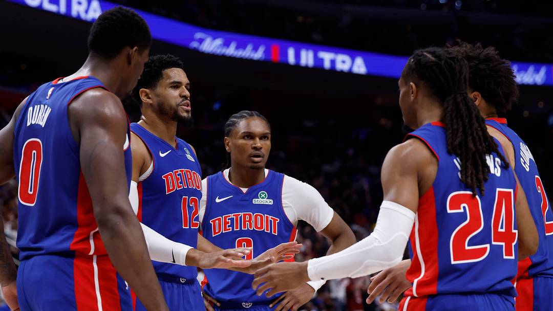 May 17, 2026; Detroit, Michigan, USA; Detroit Pistons center Jalen Duren (0), forward Tobias Harris (12), guard Ausar Thompson (9), guard Cade Cunningham (2) and guard Daniss Jenkins (24) huddle up in the first half against the Cleveland Cavaliers during game seven of the second round of the 2026 NBA Playoffs at Little Caesars Arena. Mandatory Credit: Rick Osentoski-Imagn Images May 17, 2026; Detroit, Michigan, USA; Detroit Pistons center Jalen Duren (0), forward Tobias Harris (12), guard Ausar Thompson (9), guard Cade Cunningham (2) and guard Daniss Jenkins (24) huddle up in the first half against the Cleveland Cavaliers during game seven of the second round of the 2026 NBA Playoffs at Little Caesars Arena. Mandatory Credit: Rick Osentoski-Imagn Images