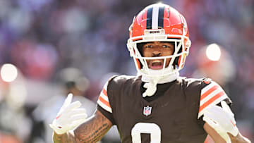 Cleveland Browns cornerback Greg Newsome II celebrates during the second half against the Baltimore Ravens at Huntington Bank Field. 