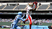 Mar 30, 2024; Arlington, TX, USA; Birmingham Stallions wide receiver Amari Rodgers (3) catches a pass for a two point conversion over Arlington Renegades defensive back Darren Evans (24) during the second half at Choctaw Stadium. Mandatory Credit: Jerome Miron-Imagn Images