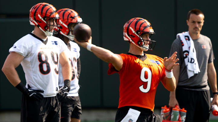 Cincinnati Bengals quarterback Joe Burrow (9) throws pass at Bengals Mini Camp inside Paycor Stadium in Cincinnati on Thursday, June 12, 2025.