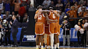 Mar 19, 2025; Dayton, OH, USA; The Texas Longhorns huddle together before the game against the Xavier Musketeers at UD Arena. Mandatory Credit: Rick Osentoski-Imagn Images