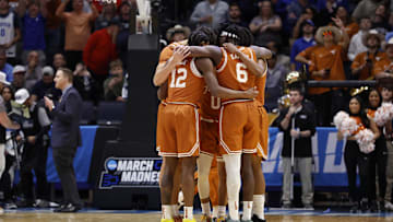Mar 19, 2025; Dayton, OH, USA; The Texas Longhorns huddle together before the game against the Xavier Musketeers at UD Arena. Mandatory Credit: Rick Osentoski-Imagn Images