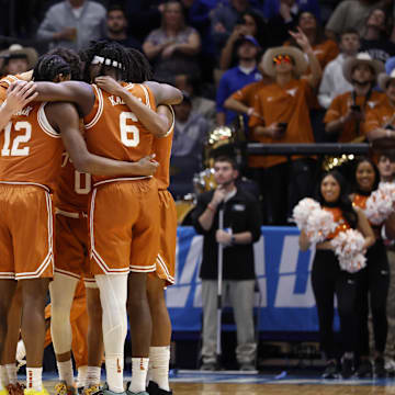 Mar 19, 2025; Dayton, OH, USA; The Texas Longhorns huddle together before the game against the Xavier Musketeers at UD Arena. Mandatory Credit: Rick Osentoski-Imagn Images