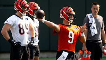 Cincinnati Bengals quarterback Joe Burrow throws pass at Bengals Mini Camp inside Paycor Stadium in Cincinnati