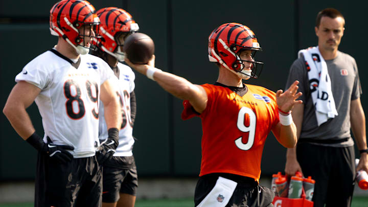 Cincinnati Bengals quarterback Joe Burrow throws pass at Bengals Mini Camp inside Paycor Stadium in Cincinnati Cincinnati Bengals quarterback Joe Burrow throws pass at Bengals Mini Camp inside Paycor Stadium in Cincinnati