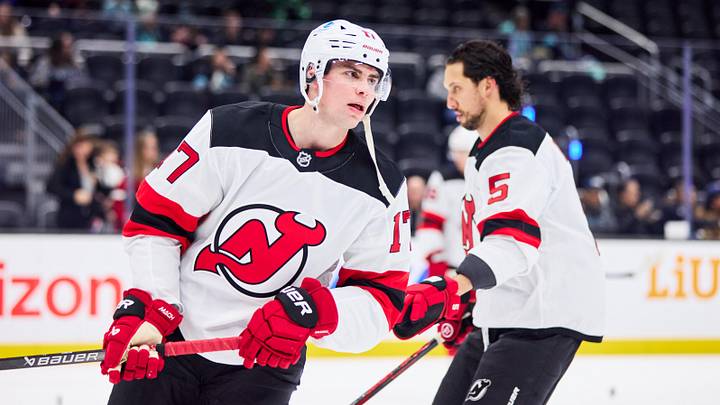 Jan 25, 2026; Seattle, Washington, USA; New Jersey Devils defenseman Simon Nemec (17) looks on before the game against the Seattle Kraken at Climate Pledge Arena. Mandatory Credit: Blake Dahlin-Imagn Images