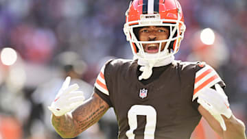 Oct 27, 2024; Cleveland, Ohio, USA; Cleveland Browns cornerback Greg Newsome II (0) celebrates during the second half against the Baltimore Ravens at Huntington Bank Field. Mandatory Credit: Ken Blaze-Imagn Images