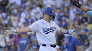 Jul 4, 2025; Los Angeles, California, USA; Los Angeles Dodgers catcher Will Smith (16) celebrates a solo home run during the second inning against the Houston Astros  at Dodger Stadium. Mandatory Credit: Jayne Kamin-Oncea-Imagn Images