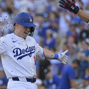 Jul 4, 2025; Los Angeles, California, USA; Los Angeles Dodgers catcher Will Smith (16) celebrates a solo home run during the second inning against the Houston Astros  at Dodger Stadium. Mandatory Credit: Jayne Kamin-Oncea-Imagn Images