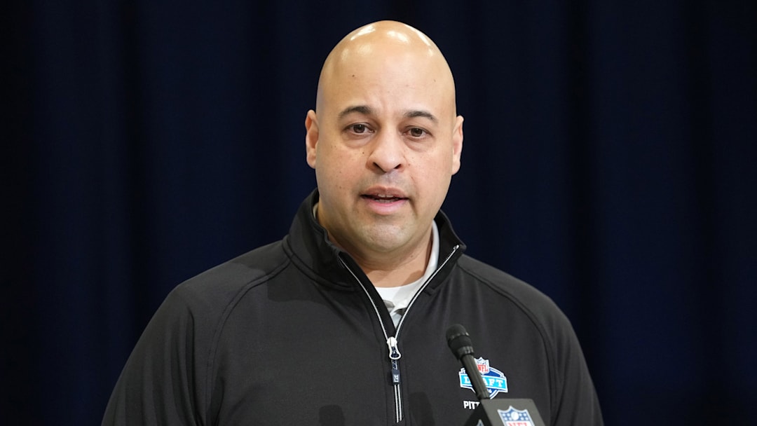 Pittsburgh Steelers general manager Omar Khan speaks at the NFL Scouting Combine