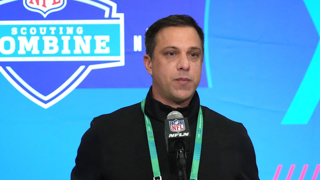 Feb 27, 2024; Indianapolis, IN, USA; Kansas City Chiefs general manager Brett Veach speaks during a press conference at the NFL Scouting Combine at the Indiana Convention Center. Mandatory Credit: Kirby Lee-Imagn Images