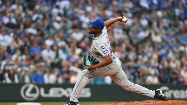 Aug 10, 2024; Seattle, Washington, USA; New York Mets relief pitcher Huascar Brazoban (43) pitches to the Seattle Mariners during the fifth inning at T-Mobile Park. Mandatory Credit: Steven Bisig-USA TODAY Sports