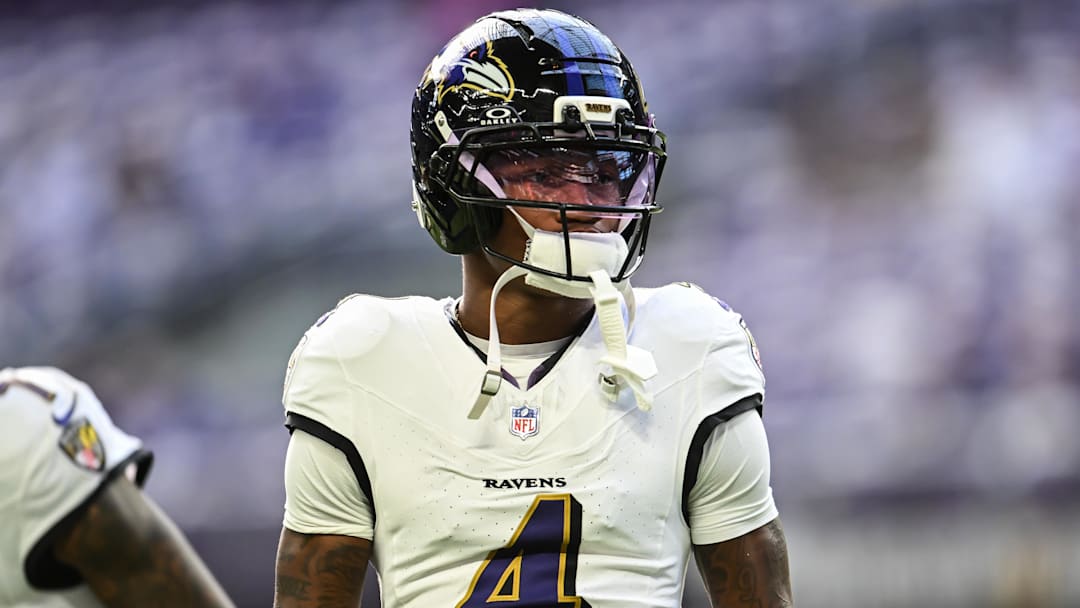 Nov 9, 2025; Minneapolis, Minnesota, USA; Baltimore Ravens wide receiver Zay Flowers (4) looks on before the game against the Minnesota Vikings at U.S. Bank Stadium. Mandatory Credit: Jeffrey Becker-Imagn Images