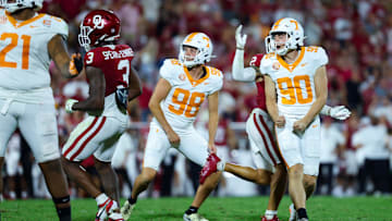 Sep 21, 2024; Norman, Oklahoma, USA; Tennessee Volunteers place kicker Max Gilbert (90) reacts after kicking a field goal during the second half against the Oklahoma Sooners at Gaylord Family-Oklahoma Memorial Stadium. Mandatory Credit: Kevin Jairaj-Imagn Images