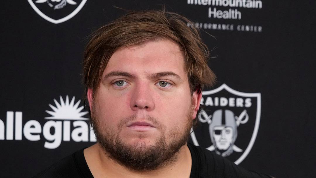 Jul 24, 2025; Henderson, NV, USA; Las Vegas Raiders lineman Jackson Powers-Johnson (58) during training camp press conference at the Intermountain Healthcare Performance Center. Mandatory Credit: Kirby Lee-Imagn Images