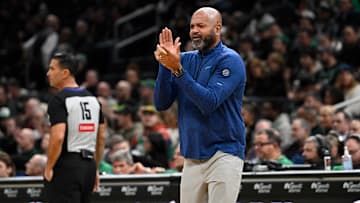 Dec 12, 2024; Boston, Massachusetts, USA; Detroit Pistons head coach J.B. Bickerstaff reacts to game action against the Boston Celtics during the first half at TD Garden. Mandatory Credit: Eric Canha-Imagn Images