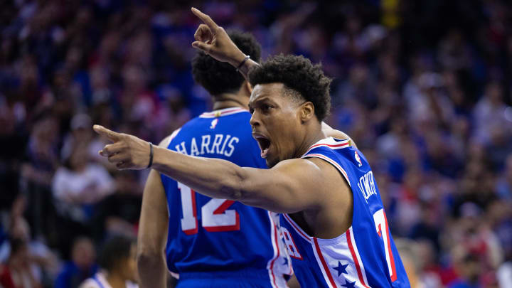 May 2, 2024; Philadelphia, Pennsylvania, USA; Philadelphia 76ers guard Kyle Lowry (7) reacts after a play against the New York Knicks during the first half of game six of the first round for the 2024 NBA playoffs at Wells Fargo Center. Mandatory Credit: Bill Streicher-USA TODAY Sports