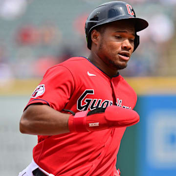 Aug 24, 2023; Cleveland, OH, USA; Cleveland Guardians designated hitter Oscar Gonzalez (39) advances to third during the sixth inning against the Los Angeles Dodgers at Progressive Field. Mandatory Credit: Ken Blaze-Imagn Images