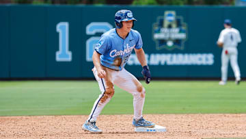 Jun 7, 2025; Chapel Hill, NC, USA;  North Carolina outfielder Kane Kepley (27) on second base during the third inning of the Super Regionals game against Arizona in Chapel Hill, North Carolina. Mandatory Credit: Jaylynn Nash-Imagn Images