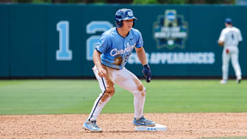 Jun 7, 2025; Chapel Hill, NC, USA;  North Carolina outfielder Kane Kepley (27) on second base during the third inning of the Super Regionals game against Arizona in Chapel Hill, North Carolina. Mandatory Credit: Jaylynn Nash-Imagn Images