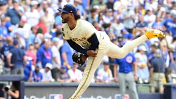 Oct 4, 2025; Milwaukee, Wisconsin, USA; Milwaukee Brewers starting pitcher Freddy Peralta (51) pitches against the Chicago Cubs during the second inning of game one of the NLDS round for the 2025 MLB playoffs at American Family Field. Mandatory Credit: Benny Sieu-Imagn Images